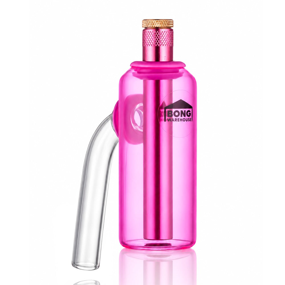 Pink glass tube ash catcher, front angled view showing the Bong Warehouse logo