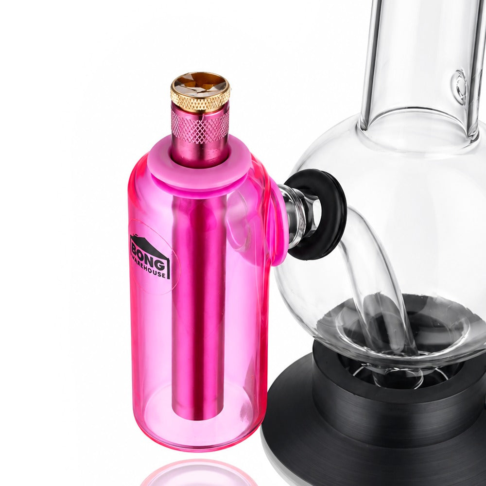 Close-up of the 15mm tube connecting the pink ash catcher to the bong grommet