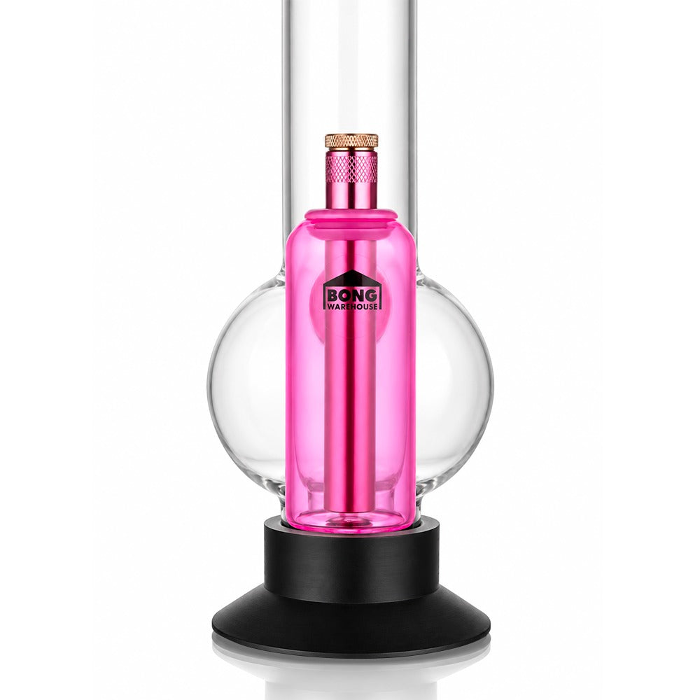 Pink tube ash catcher fitted to a glass bong, front view