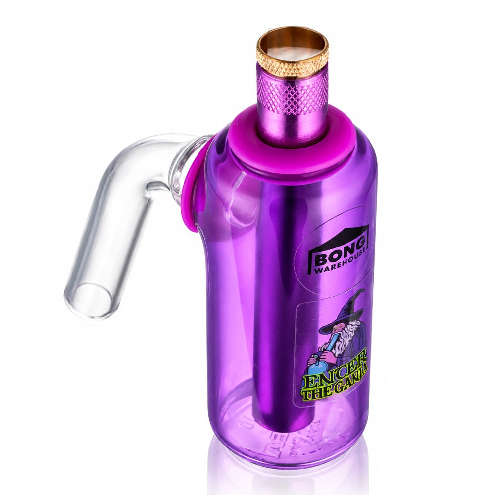 Purple glass tube ash catcher with Enter the Ganja wizard decal, front angled view