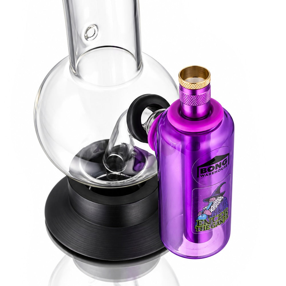 Purple tube ash catcher fitted to a glass bong, angled view