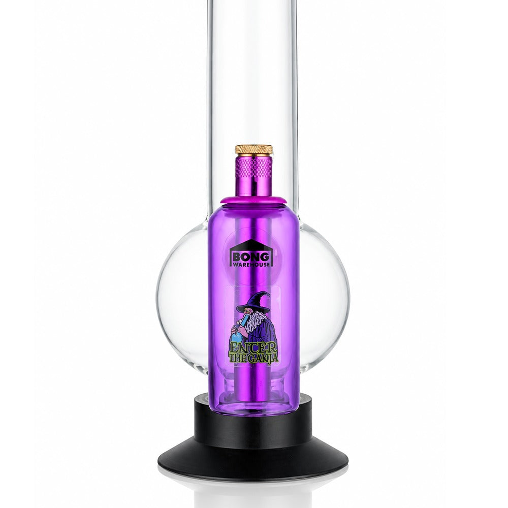 Purple tube ash catcher fitted to a glass bong, front view