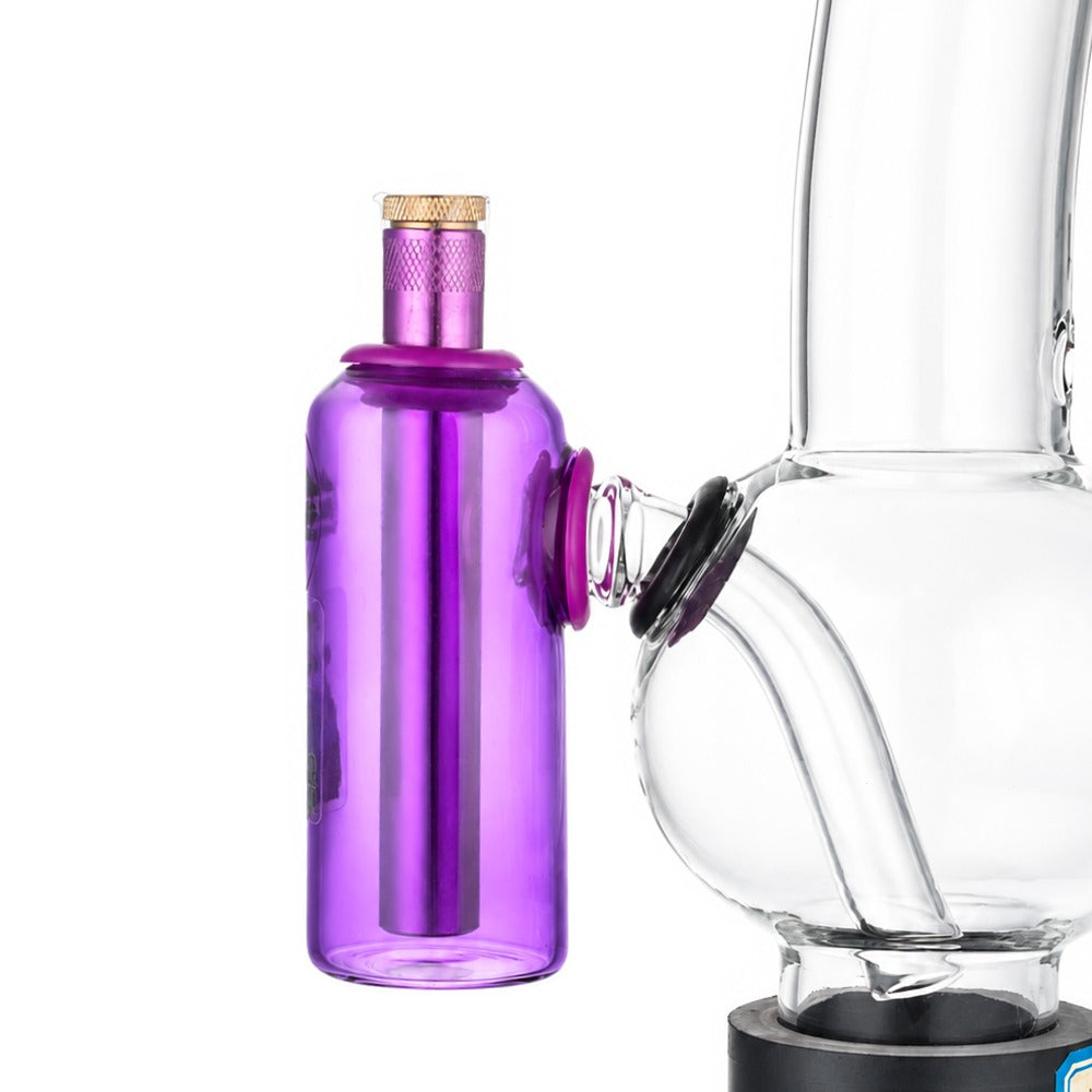 Purple tube ash catcher fitted to a glass bong, side view