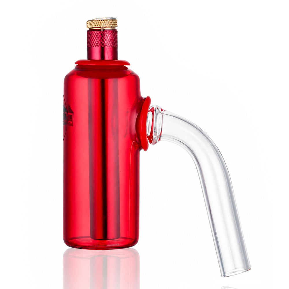 Red glass tube ash catcher with Bong Warehouse logo, front angled view