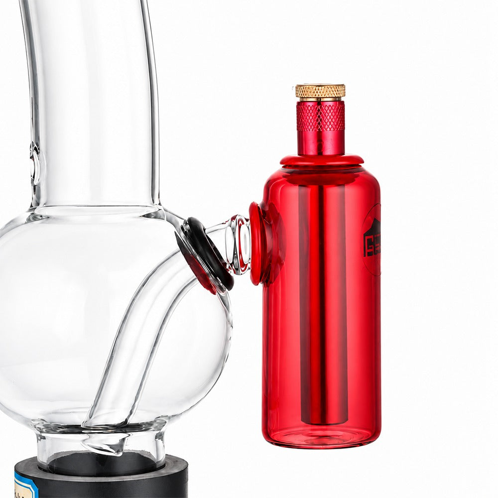 Red tube ash catcher fitted to a glass bong, close-up of the 15mm tube seated in the silicone grommet