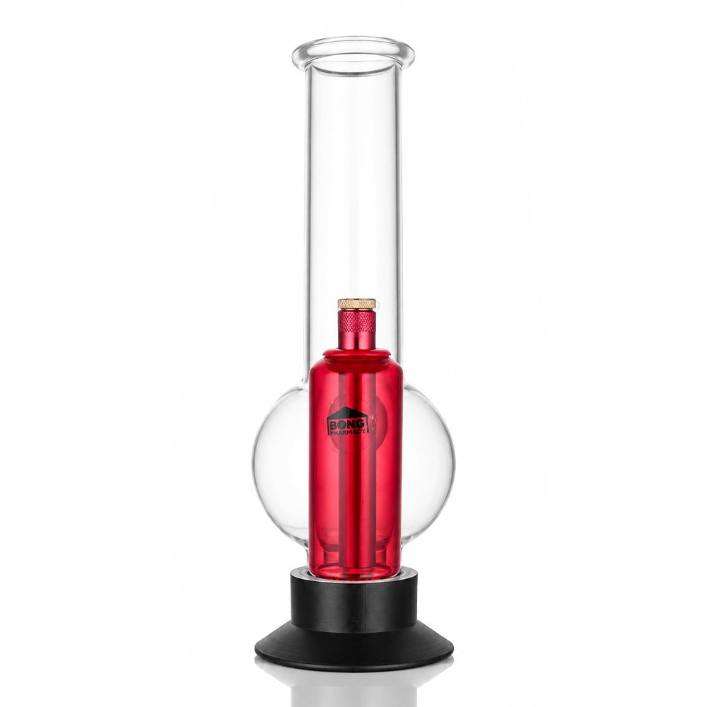 Red tube ash catcher fitted to a glass bong, front view