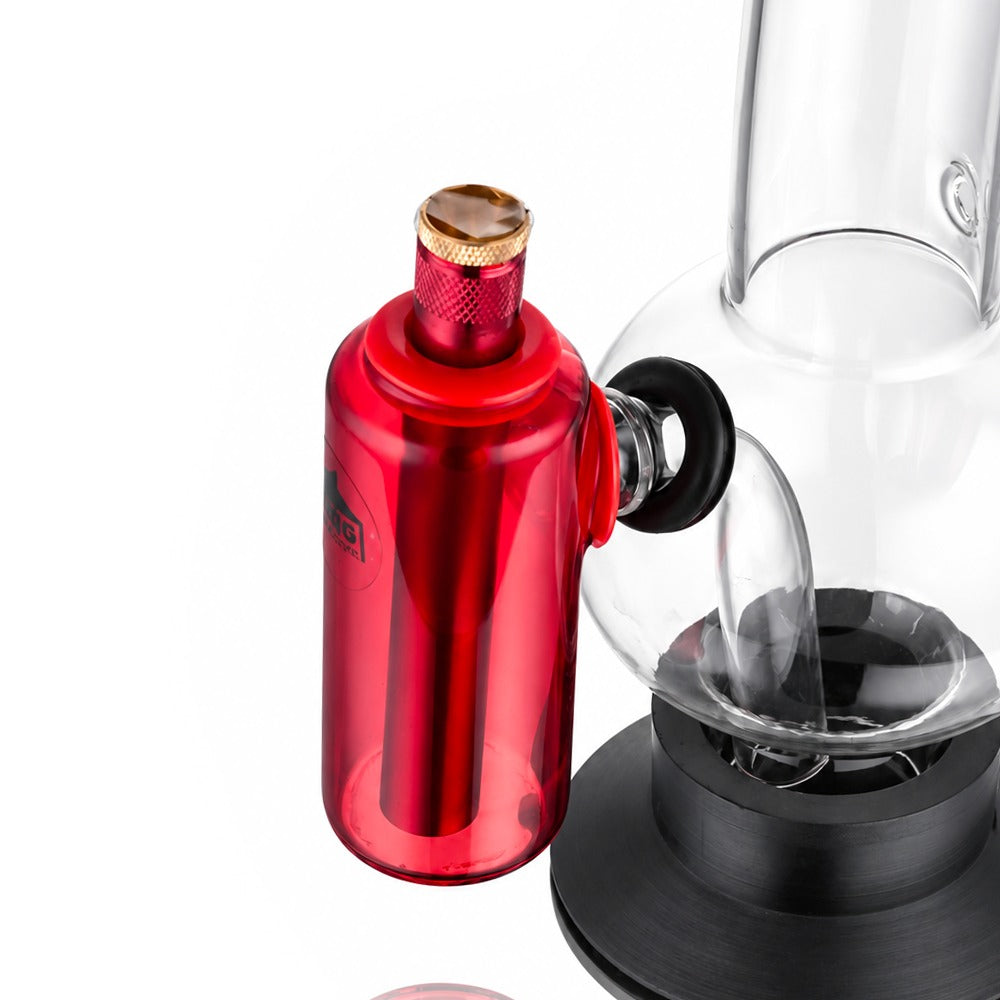 Red tube ash catcher fitted to a glass bong, side view