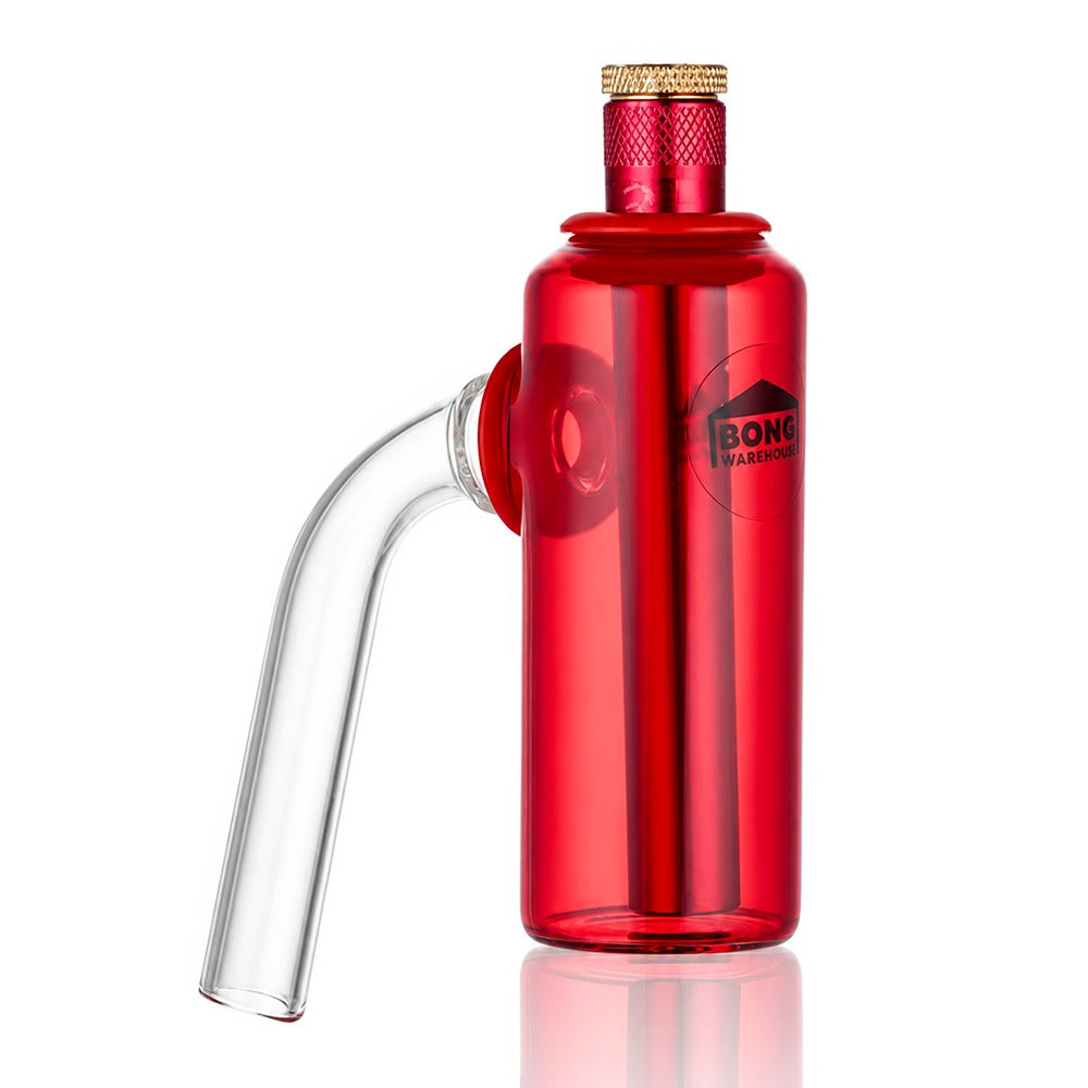 Red glass tube ash catcher, side angled view