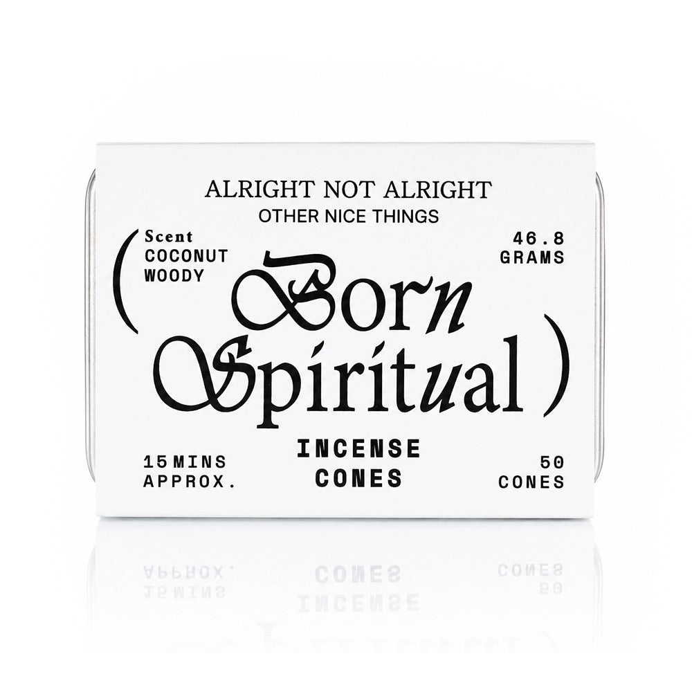Alright Not Alright incense cones in branded paper sleeve — refillable metal tin format, 50 hand-poured cones, ~15 minute burn