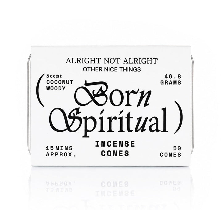 Alright Not Alright incense cones in branded paper sleeve — refillable metal tin format, 50 hand-poured cones, ~15 minute burn