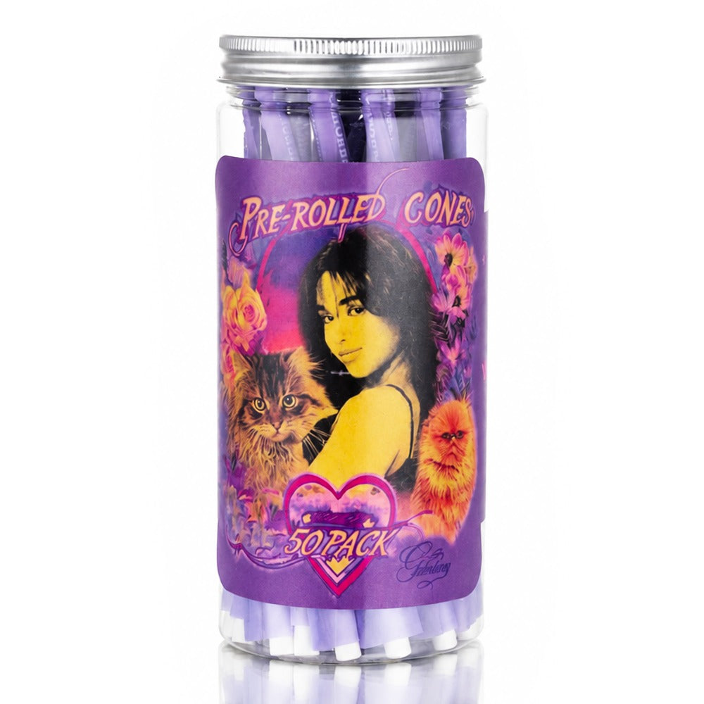 Gatorbeug King Size Pre-Rolled Cones 50 Pack – Fantasy Cat Purple, front view, clear jar with purple cones and retro woman with cats artwork label