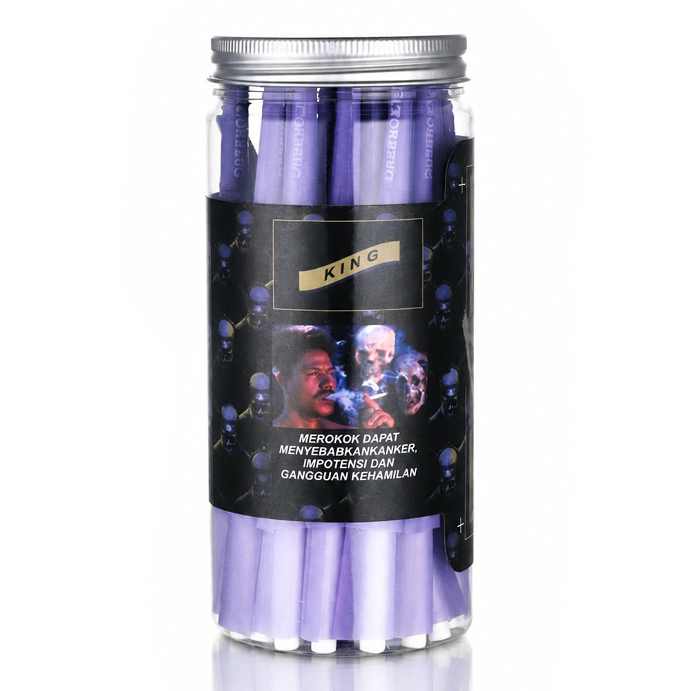 Gatorbeug King Size Pre-Rolled Cones 50 Pack – King Skull Purple, clear jar with purple cones and black skull king graphic label
