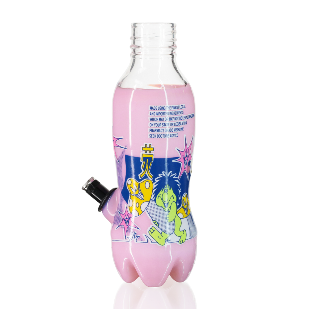 Gatorbeug MTN Beug 23cm glass bottle bong in pink, back left view showing label artwork and metal stem