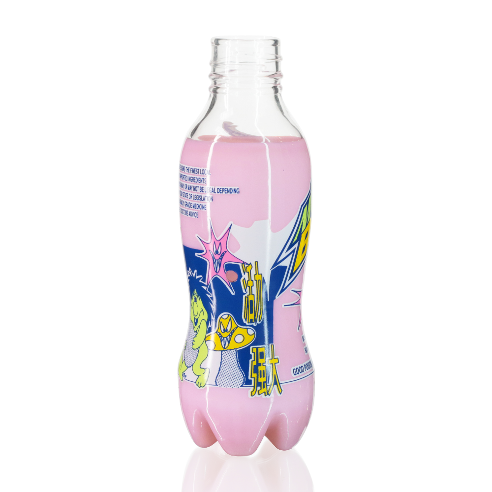 Gatorbeug MTN Beug 23cm glass bottle bong in pink, back right view showing label artwork