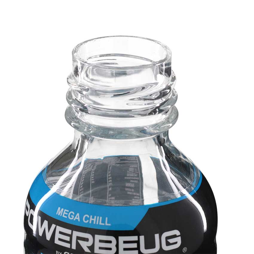 Gatorbeug Powerbeug 24cm glass bottle bong in clear with glass stem, threaded mouthpiece close-up