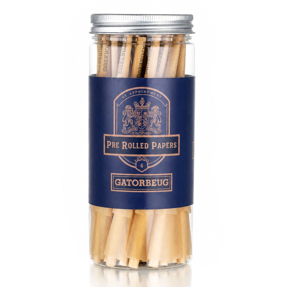 Gatorbeug Pre-Rolled Papers 50 Pack – Royal Crest Natural, clear jar with natural unbleached papers and navy blue royal crest label