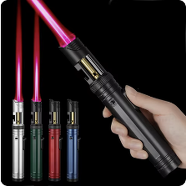 Black slim extending jet torch lighter held in hand with the jet flame lit | Bong Warehouse