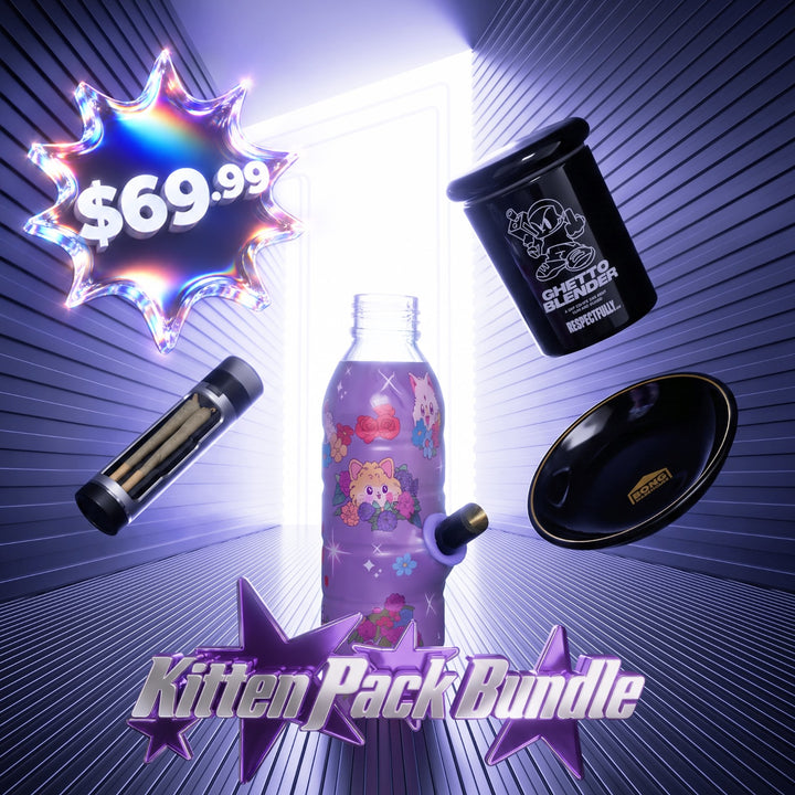 Bong Warehouse Kitten Pack Bundle for $69.99 with purple flower kittens mini bottle bong, black chop bowl, stash jar and cone case grinder