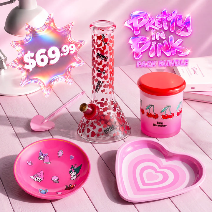 Bong Warehouse Pretty in Pink Pack Bundle for $69.99 with love heart mini beaker bong, pink chop bowl, cherry stash jar, heart rolling tray and packing spoon