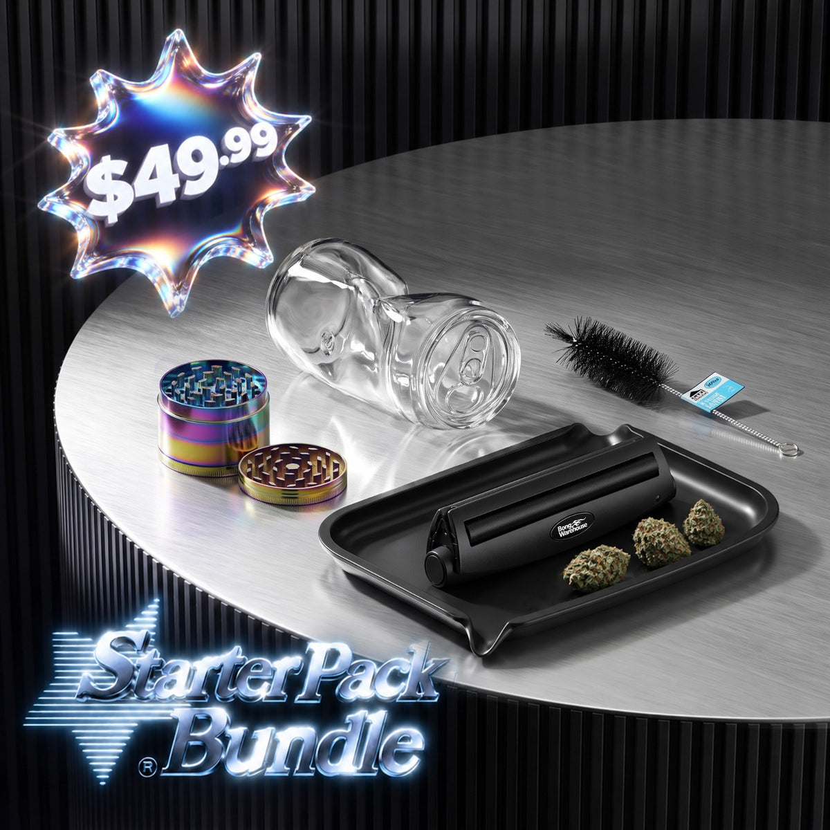 Bong Warehouse Starter Pack Bundle for $49.99 with clear soda can glass bong, rainbow grinder, rolling tray, cleaning brush and rolling machine
