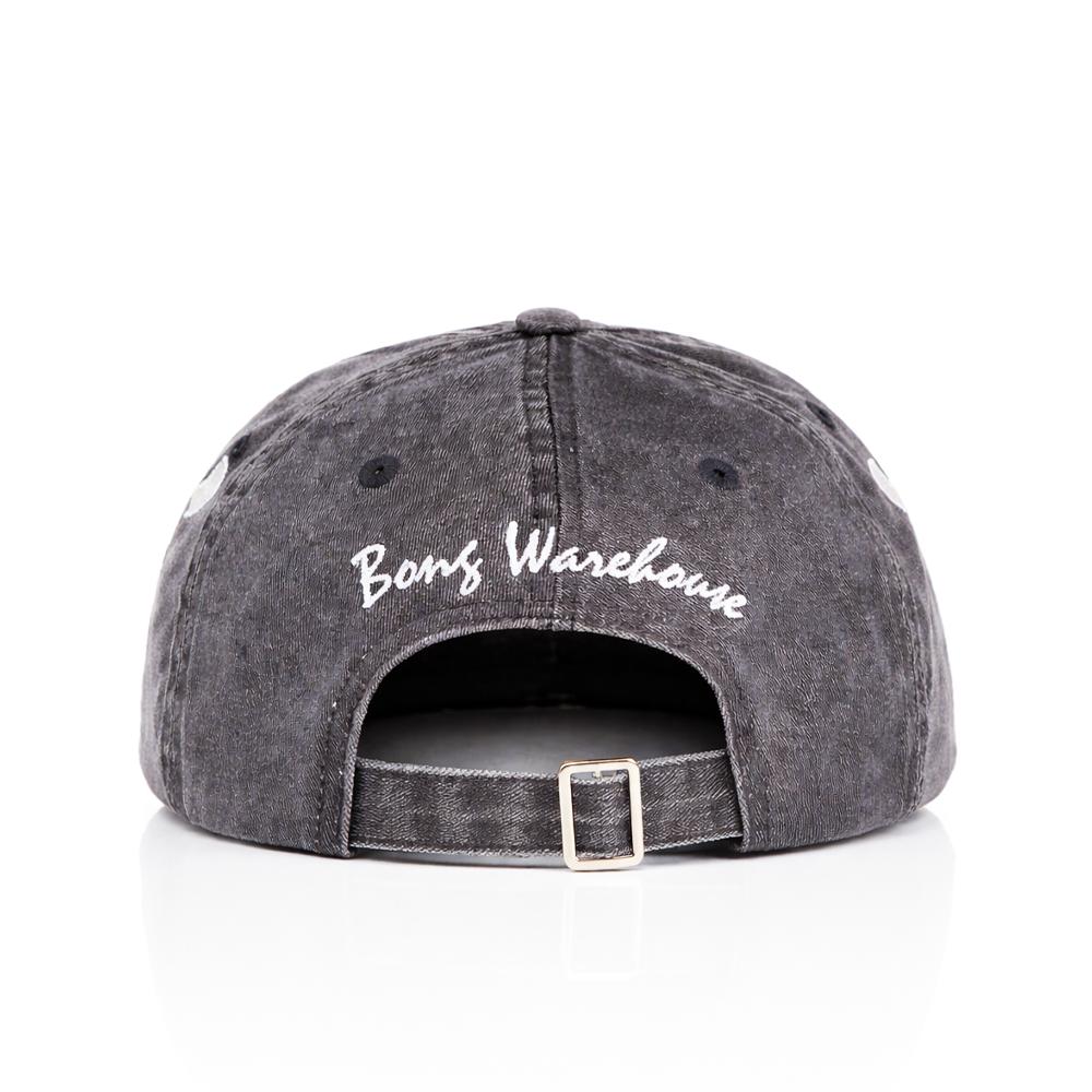 BW Vintage Washed Smiley Flames Hat - Black cap with 'Bong Warehouse' text on a white background