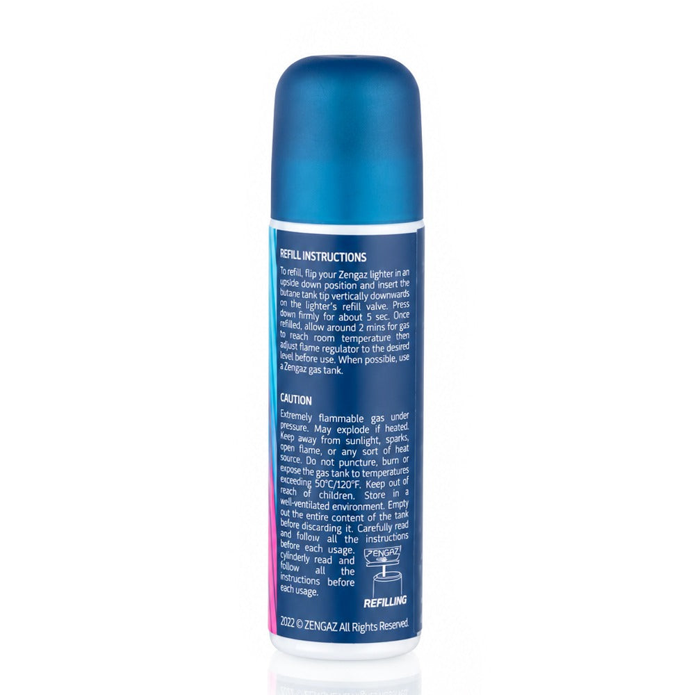 Back of Zengaz 18ml butane gas can showing refill instructions and safety caution