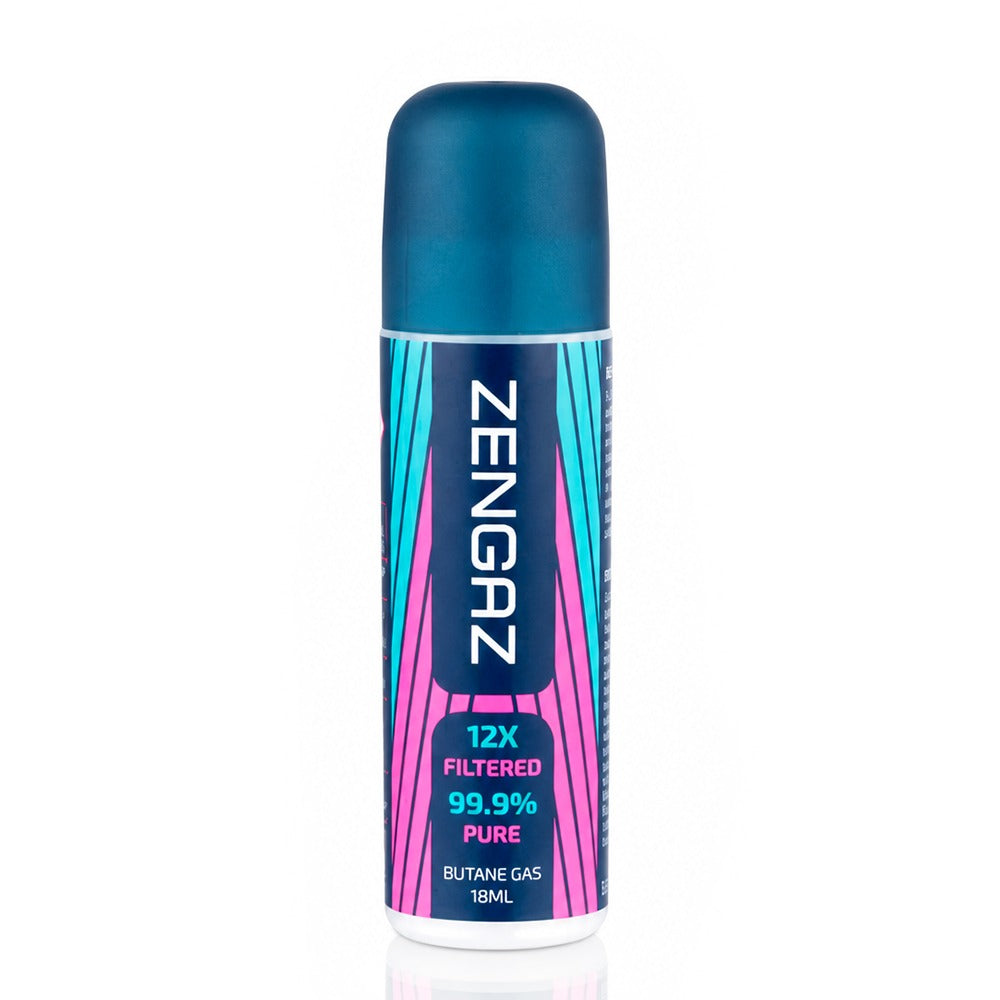 Zengaz 18ml mini butane lighter gas refill can, 12x filtered 99.9% pure butane, front view