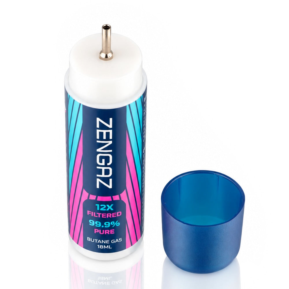 Zengaz 18ml butane gas refill with cap removed showing the metal refill nozzle