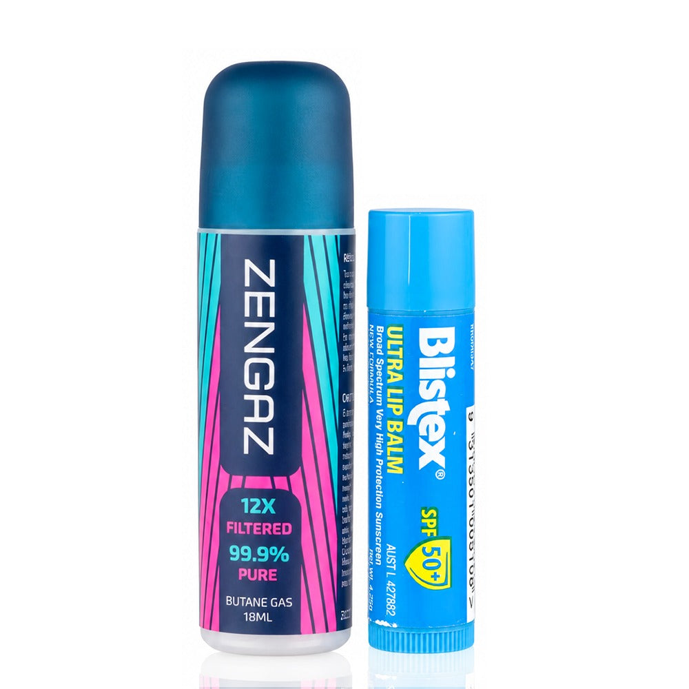 Zengaz 18ml pocket-size butane gas refill next to a lip balm for size comparison
