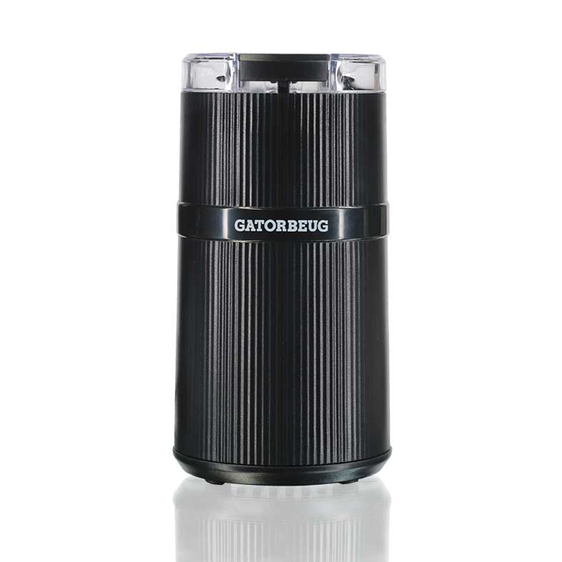 Gatorbeug Compact Electric Weed and Herb Grinder in Black with transparent lid on full front view clean  bright studio